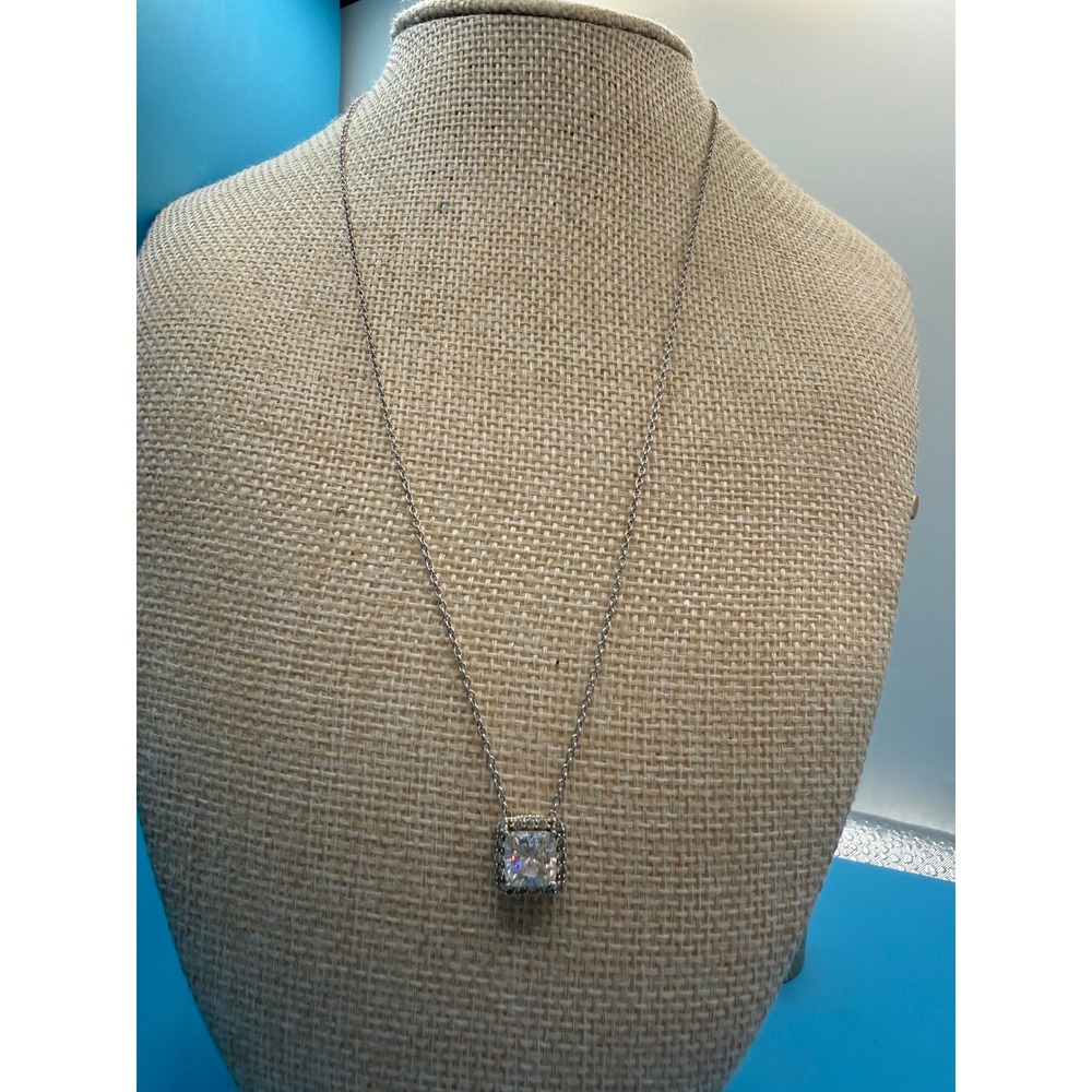 Sterling Silver 925 Cushion Cut Cubic Zirconia Halo Pendant Necklace 18 Inch